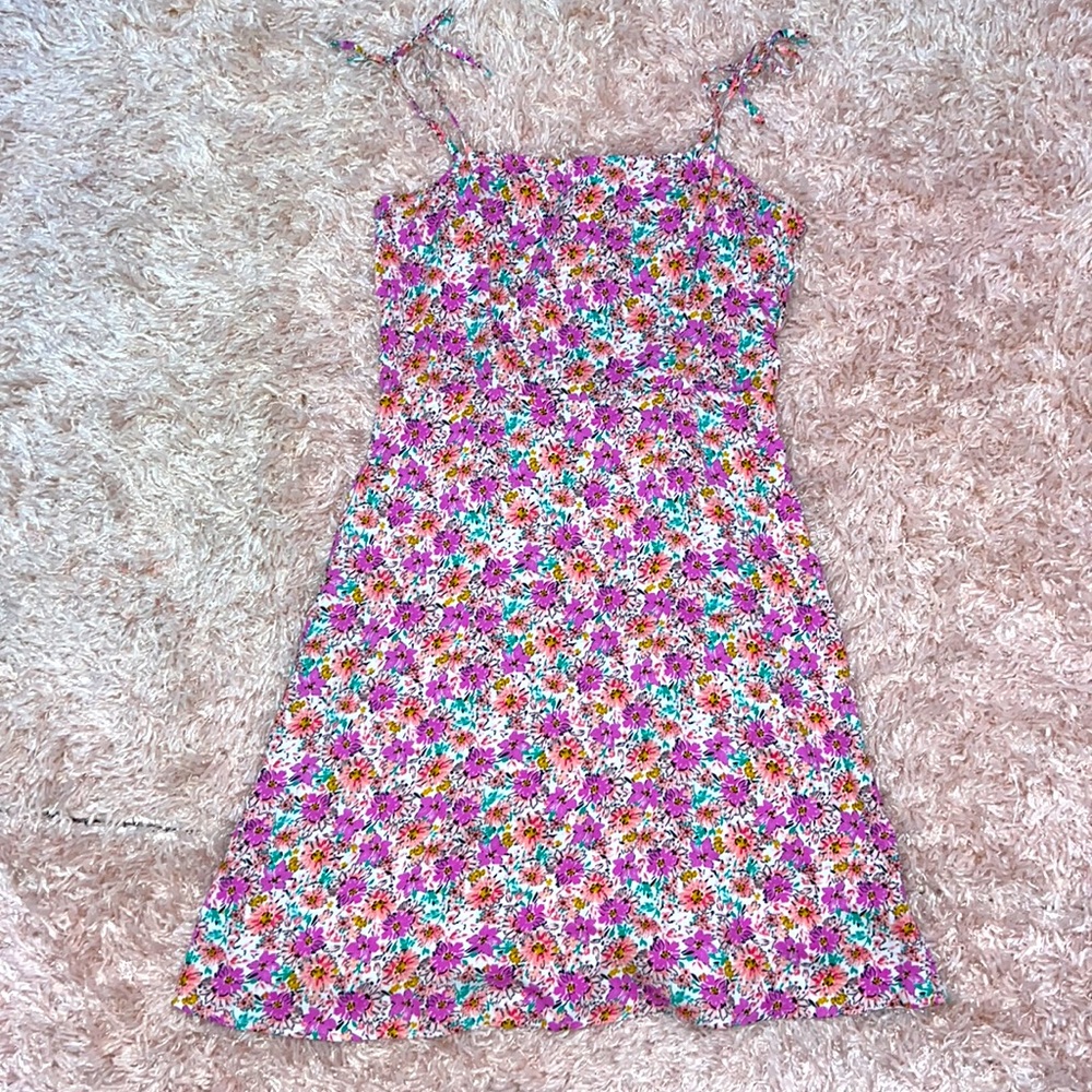 Pink flower printed with spaghetti strap kid dress